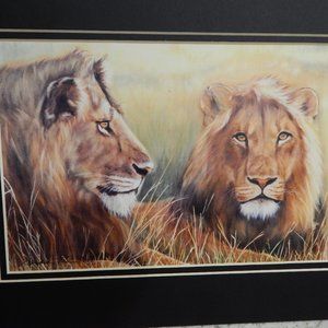 11 X 14 DOUBLE MATTED PRINT OF TWO LIONS
